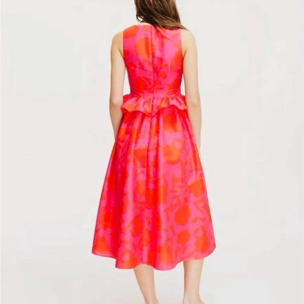 Size 12 Kate Spade Bold Pink & Red Floral Midi Peplum Dress Garden Party Brunch